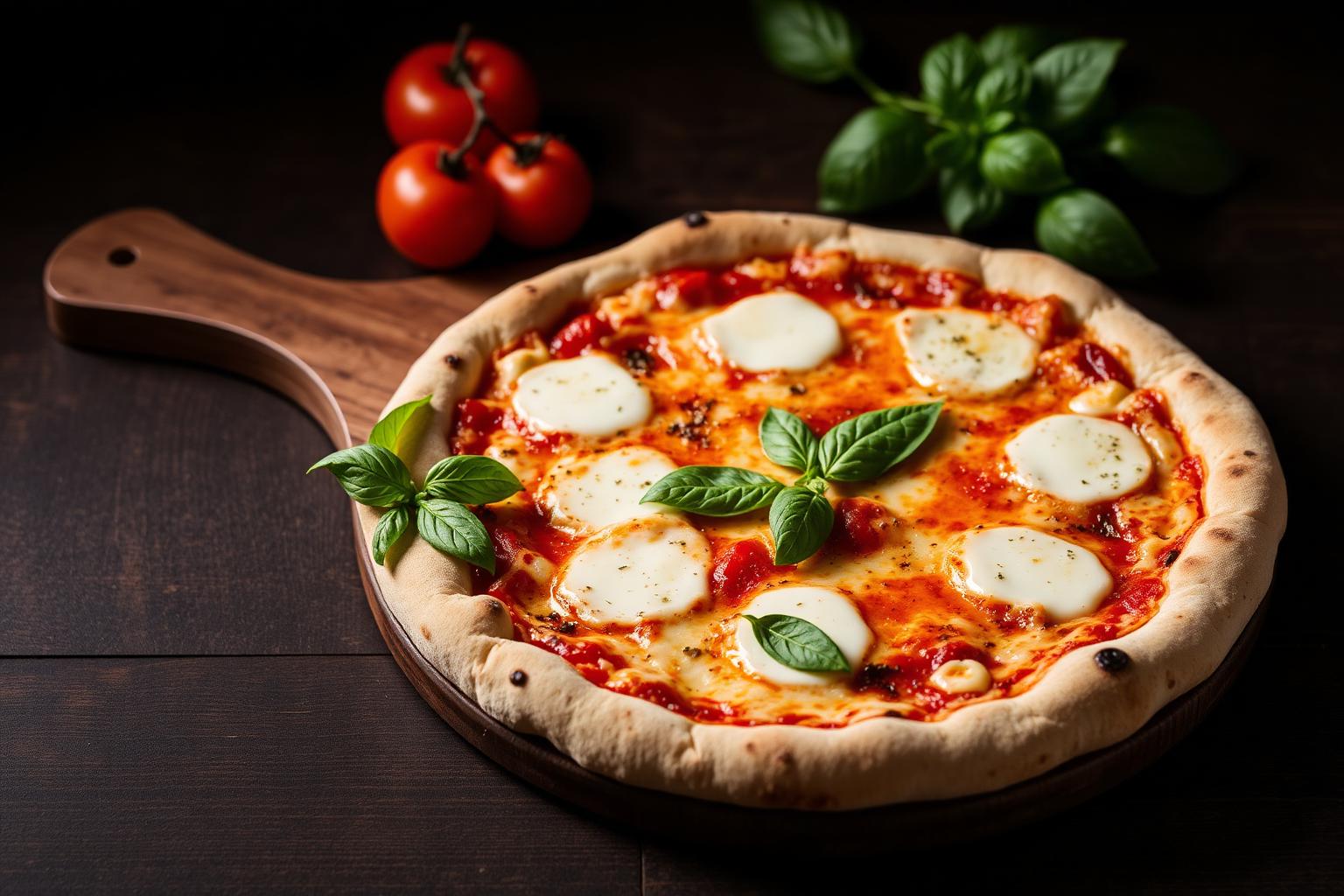 Nybakad pizza på träbräda